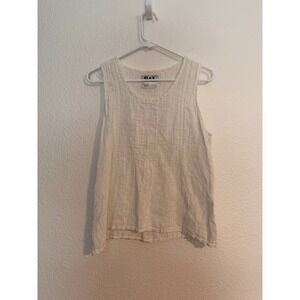 FLAX Womens White 100% Linen Sleeveless Tank Top Scoop Neck Textured Small